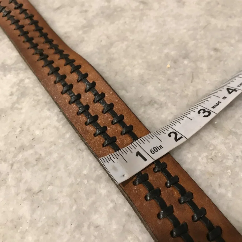 Vintage Leather Belt Mens 52 Brown Black Laced Woven Brass Buckle Western Cowboy